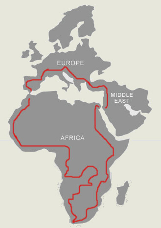 Our cycling route through Europe, Africa and the Middle East.