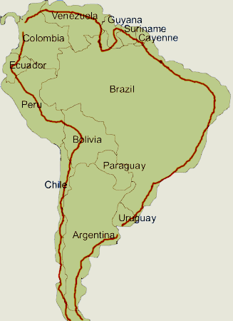 Our route in South America, down the Atlantic side, up the Pacific Side