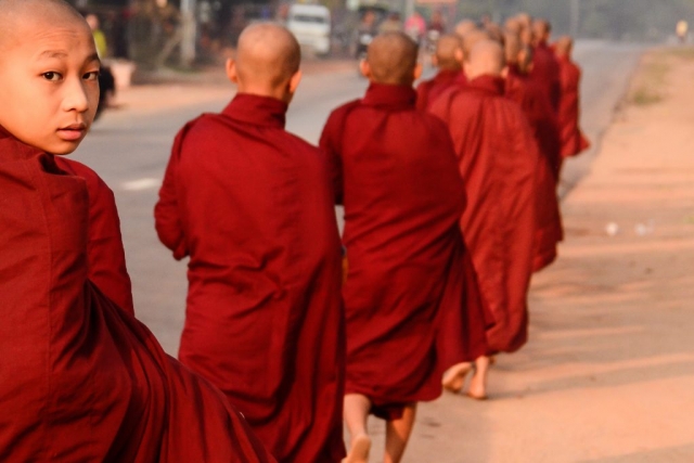 monks in saffron robes in Myanmar