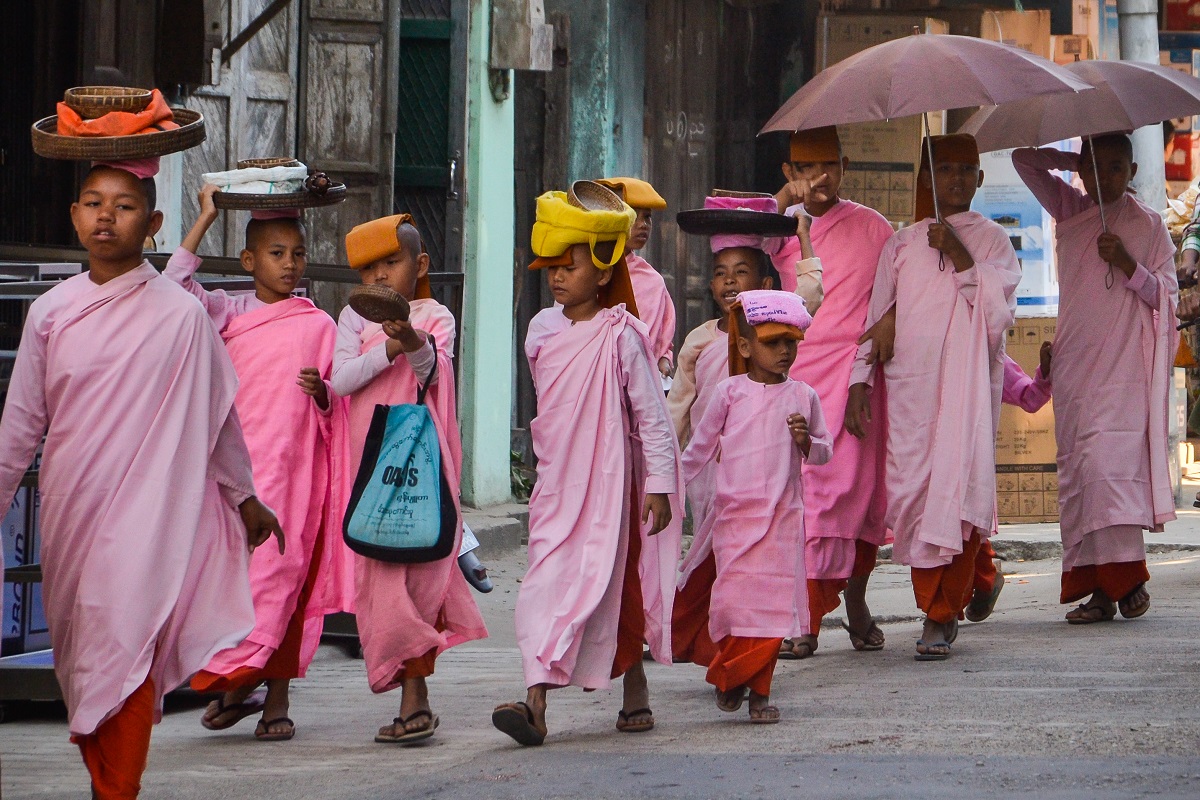 Nuns in Myanmar begging for alms.